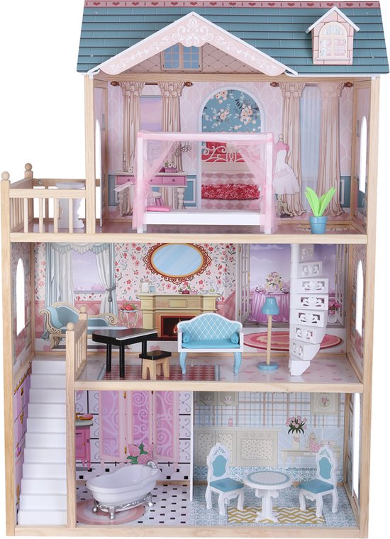 Bandits & Angels houten poppenhuis Sweet Country House - 3 jaar - 124 cm hoog - inclusief 11 meubeltjes - roze/blauw - geschikt voor Barbie