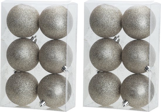 36x stuks kunststof glitter kerstballen champagne 8 cm - Onbreekbare kerstballen - Kerstversiering
