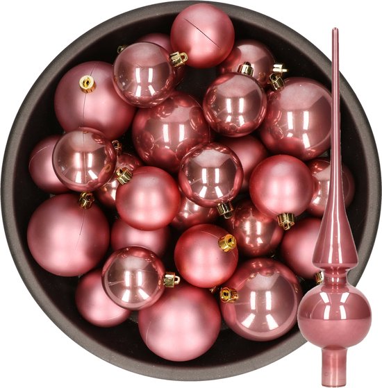 Kerstversiering kunststof kerstballen met glazen piek oud roze 6-8-10 cm pakket van 45x stuks - Kerstboomversiering