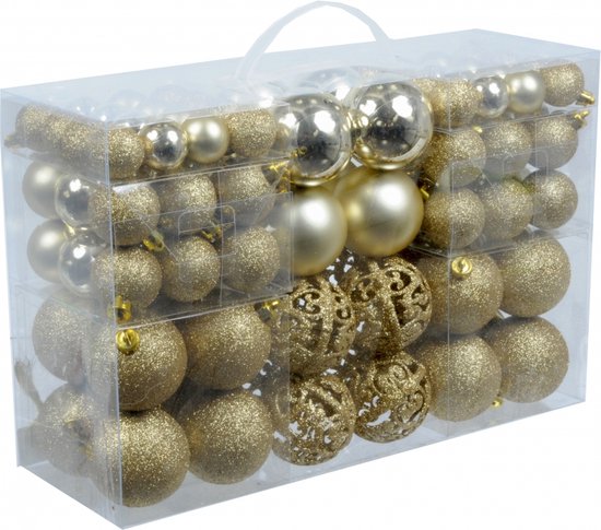 4x pakket met 100x gouden kerstballen kunststof 3, 4, 6 cm - Kerstboomversiering gouden kerstballen kerstversiering