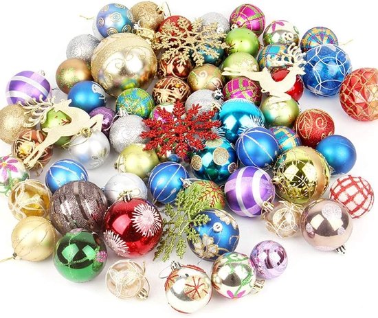 Kerstboomversiering, ballen, kleurrijke boomversiering, Kerstmis, gemengde kleur en grootte ballen voor kerstfeest, 60-70 stuks (willekeurige doos)