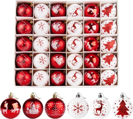 Kerstballen, 30 stuks 6 cm plastic kerstboomballen, kerstversiering met kerstboomversieringen, traditioneel thema, rood en wit, kerstboomballen decoratie voor Kerstmis