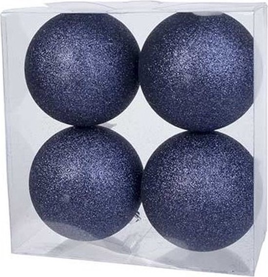 16x Donkerblauwe kunststof kerstballen 10 cm - Glitter - Onbreekbare plastic kerstballen - Kerstboomversiering donkerblauw