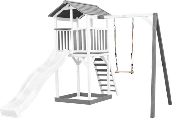 AXI Beach Tower Speeltoestel in Grijs/Wit - Speeltoren met Zandbak, Schommel en Witte Glijbaan - FSC hout - Speelhuis op palen voor de tuin