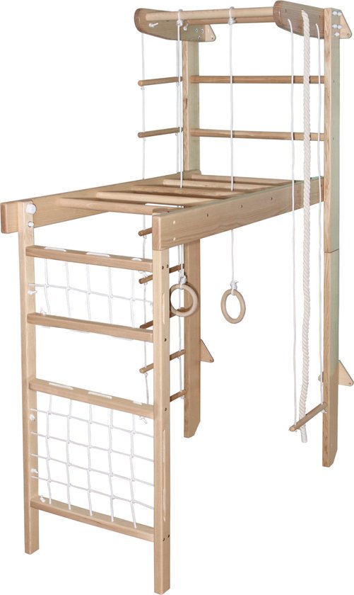 Juliard.Club Klimrek Transformer 1-1 met Glijbaan - Klimtoestel met Touwset - Speeltoestel met Schommel Optrekstang tot 130kg - kleur vernis