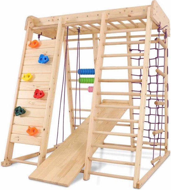 Juliard Club - buitenspeltoestel met glijbaan, klimmuur en schommel- houten klimrek voor kinderen