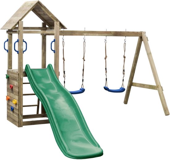 Houten Speeltoestel Maria (SwingKing) | Speeltoren met Glijbaan en Dubbele Schommel voor Buiten in de Tuin | FSC Hout - Glijbaan Groen