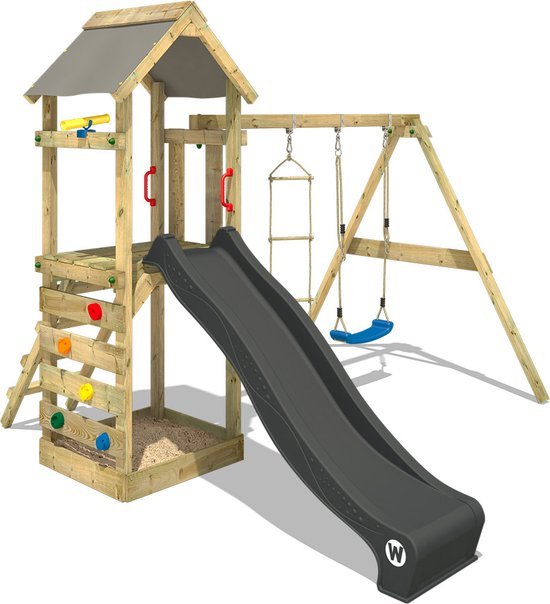 WICKEY speeltoestel klimtoestel FreeFlyer met schommel en antracietkleurige glijbaan, outdoor speeltoestel voor kinderen met zandbak, ladder en speelaccessoires voor de tuin