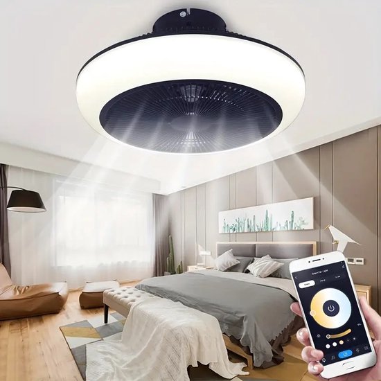 LuxiLamps - RGB Smart Plafond Ventilator - Dimbaar Met Afstandsbediening En App - Plafondventilator - Zwart - 50 cm - Woonkamerlamp - Moderne lamp