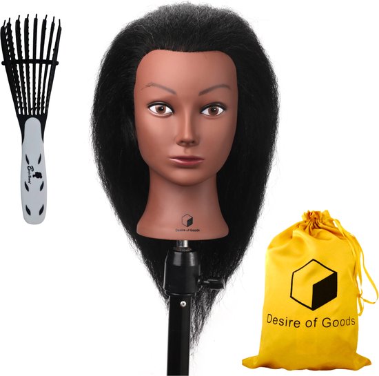 Desire of Goods Afro oefenhoofd kappershoofd - met anti klit haarborstel - Echt haar - Donkerbruin haar - met tafelklem - 40 cm