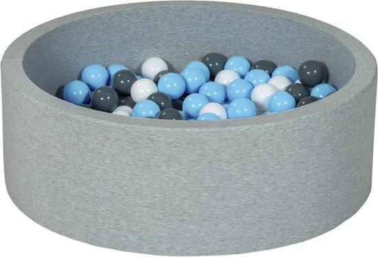 Ballenbad rond - lichtgrijs - 90x30 cm - met 200 wit, babyblauw en grijze ballen