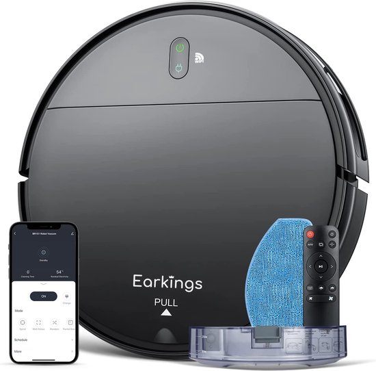 Earkings Robotstofzuiger met Dweilfunctie - SMART Robotstofzuiger met Laadstation - Geschikt voor huisdieren - Robotstofzuiger Zwart