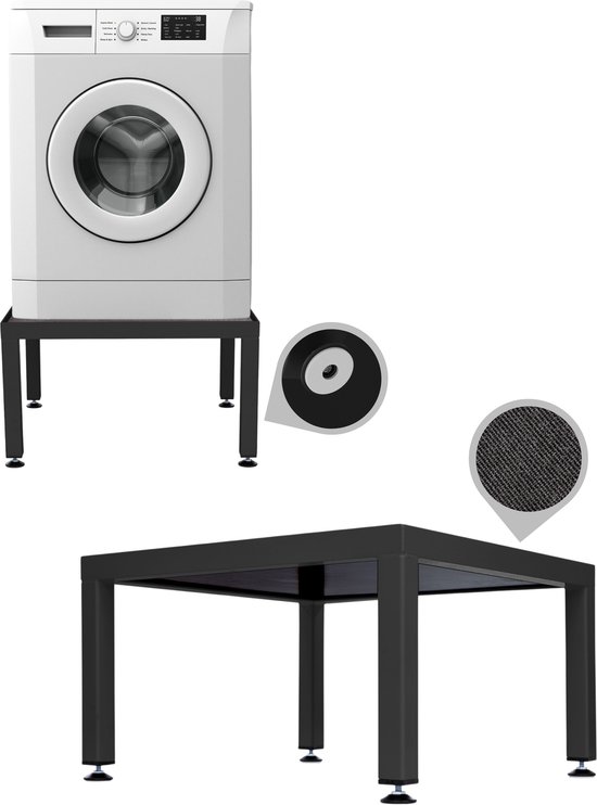 WassiStand Wasmachine Verhoger met Anti-Slip & Grip – Wasmachine Kast en Ombouw – Verhoging voor Wasmachine, Vaatwasser, Koelkast, Vriezer en Droger – Witgoed Verhoger - Inclusief 4 Dempers – Roestvrij – Maximaal 750 kg – 61x61x34cm - Zwart