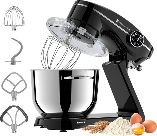 KitchenBrothers Keukenmachine - Touch Display en Timer - Keukenrobot - 6L - 1800W - Aluminium - Zwart