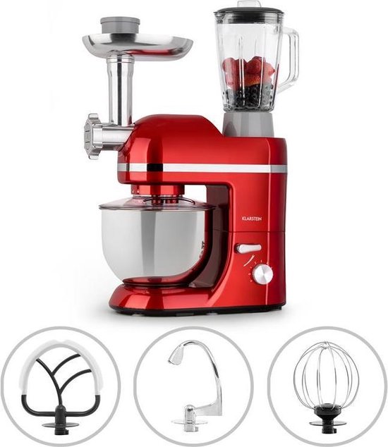 Klarstein Lucia Elegance Multifunctionele Keukenmachine - Mixer & Vleesmolen - 2000 W - 6 Vermogensstanden - Pulsefunctie - 5 Liter RVS Kom - 1,5 Liter Glazen Mixerkan - Kneedhaak, Deeghaak, Garde, Worst-, Vlees- En Pastahulpstukken - Rood