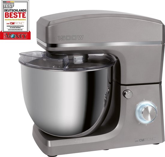 Clatronic KM 3765 kneedmachine, 1500 W, 8 snelheden, 10 liter roestvrijstalen kom voor max. 6-6,5 kg, spatdeksel met navulopening, titanium