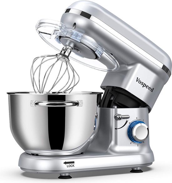 Vospeed keukenmachine knedmachine voor het bakken, 1500 W 10 speed elektrische keukenmixer met 5,5 l kom, garde, haak, eierscheider (zilver)