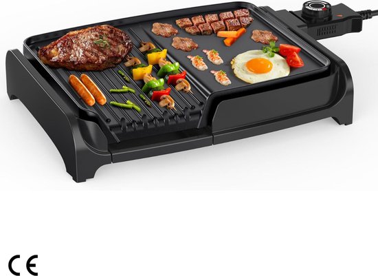 2-in-1 Elektrische Grillplaat - Krachtige 1600 W Tafelgrill met 5 Instelbare Temperatuurniveaus en Anti-aanbakplaat