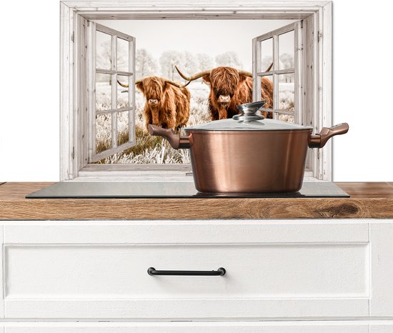 Spatscherm Keuken - Kookplaat Achterwand - Spatwand Fornuis - 70x50 cm - Doorkijk - Schotse hooglander - Dieren - Aluminium - Wanddecoratie - Muurbeschermer - Hittebestendig