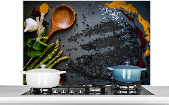 Spatscherm Keuken - Kookplaat Achterwand - Spatwand Fornuis - 100x65 cm - Kruiden - Pollepel - Keuken - Aluminium - Wanddecoratie - Muurbeschermer - Hittebestendig