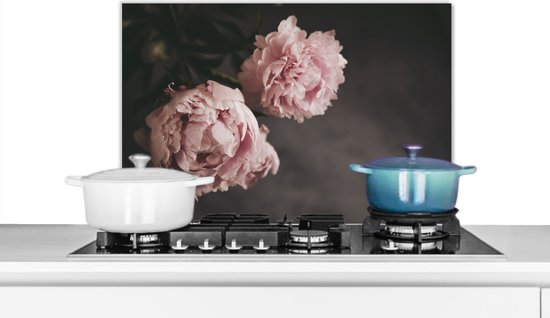 Spatscherm Keuken - Kookplaat Achterwand - Spatwand Fornuis - 70x50 cm - Uitgebloeide roze pioenrozen - Aluminium - Wanddecoratie - Muurbeschermer - Hittebestendig