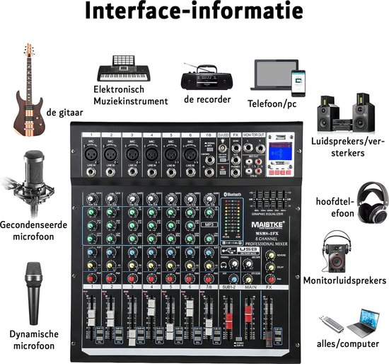 8-Kanaals Audio Mixer met USB MP3, FX Reverb & Delay, 48V Fantoomvoeding - Professionele Mixer Audio Console voor Microfoon/Lijn - Podcast, Studio DJ Geluidskaart