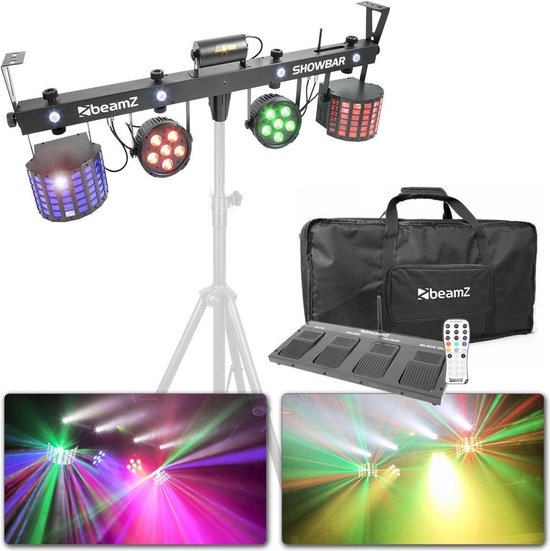 BeamZ Showbar alles-in-een lichtset met LED discolampen, laser en draadloze voetcontroller