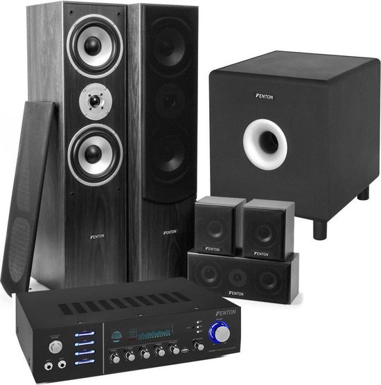 Home Cinema set van Fenton met Bluetooth, 5 speakers (zwart), een 10 actieve subwoofer en