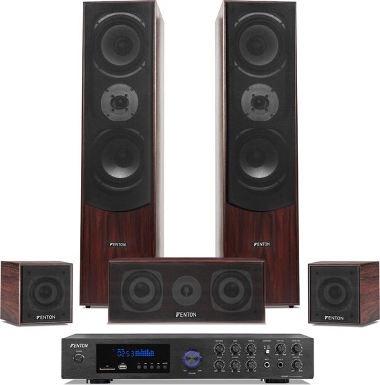 Surround set home cinema - Fenton 5.0 set met versterker en 5 speakers - Bluetooth / mp3 - Walnoot