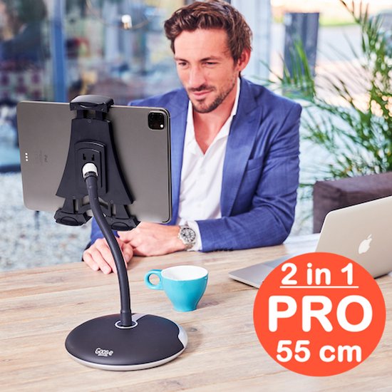 GOOS-E Tablet houder + Telefoonhouder PRO (6-14 inch) - iPad houder standaard - met voet - Flexibel & Stijlvol - o.a. bureau, tafel, bed, bad - NL design