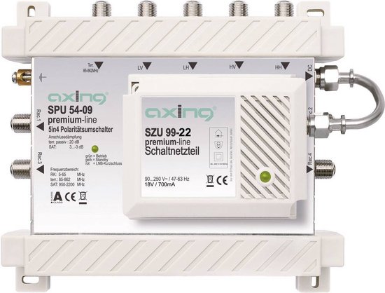 Axing SPU 54-09 Satelliet multiswitch Ingangen (satelliet): 5 (4 satelliet / 1 terrestrisch) Aantal gebruikers: 4 Stand