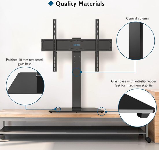Universele Draaibare Tafelblad TV voet Standaard voor 42–86'' LED OLED LCD Schermen, Hoogte Verstelbare Tafelblad TV Standaard met Gehard Glas voet, tot 50kg, Max VESA 800x600mm