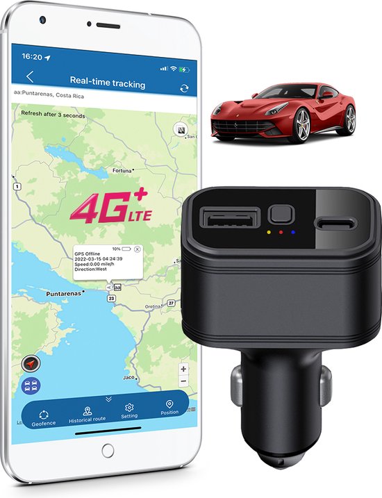 4G GPS-tracker Auto, dubbele USB-sigarettenaansteker in de auto, GPS-trackingapparaat autotelefoonoplader trackingapparaat voor auto met gratis app / webplatform zonder abonnement
