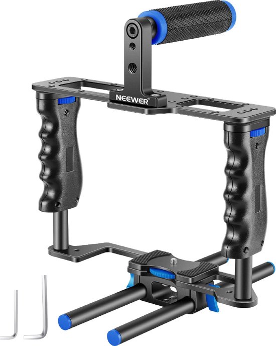 Luxiqo® Camera Stabilisator – Handheld Stabilisator – Camera Statief – Professionele Stabilisator – Beugel – Met Handvat – Zwart/ Blauw