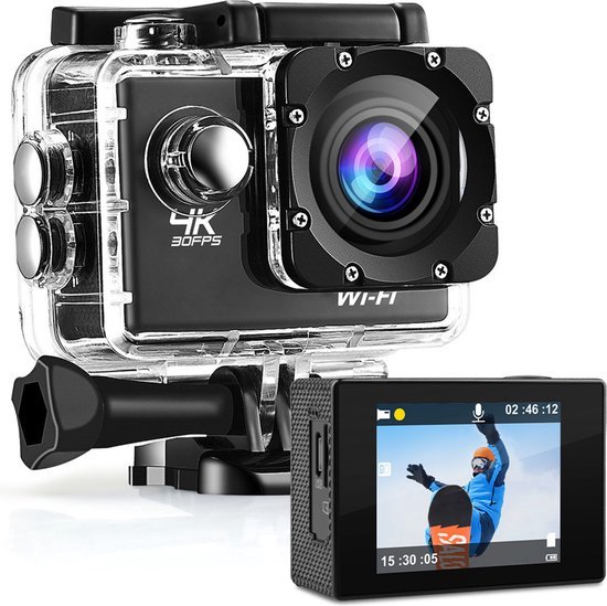 4K WiFi Action Cam met Afstandsbediening Complete Set | Lader + Extra Batterij | 32GB MicroSD Kaart | Selfie Stick | Hoofdband + Borstband + Polsband