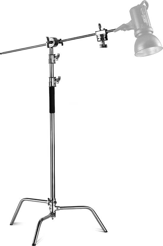 Neewer® - Pro 100% Roestvrij Staal Heavy Duty C Statief met Boomarm Maximale Hoogte 320 cm - Fotografie lichtstatief met 128 cm Houderarm 2 Handgreep voor Studio Monolight Softbox Reflector