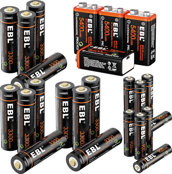 EBL Set van Oplaadbare AA, AAA en 9 Volt Batterijen