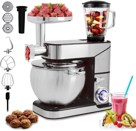Royalty Line® PKM2500BG Keukenmachine - 2500W - Met Blender, Vleesmolen, Garde, Deeghaak, Menghaak - 10 Liter - RVS