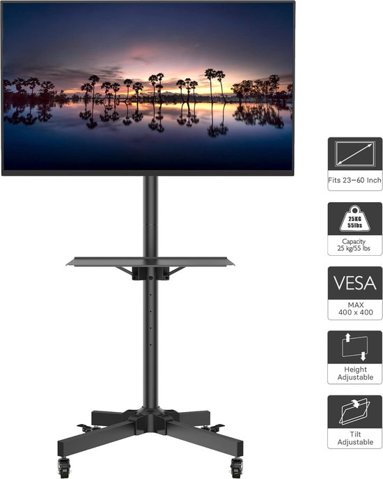 Universele mobiele tv-wagen, trolley, tv-standaard, standaard, televisietafel met houder, voor lcd-led, plasma tv, 23"-60" max. VESA 400 x 400 mm, in hoogte verstelbaar