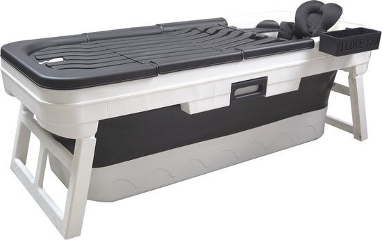 inklapbaar XL bad volwassenen - Opvouwbaar bad - Ligbad - Zitbad - 150cm - Grijs - inc. Badkussen - Zwart