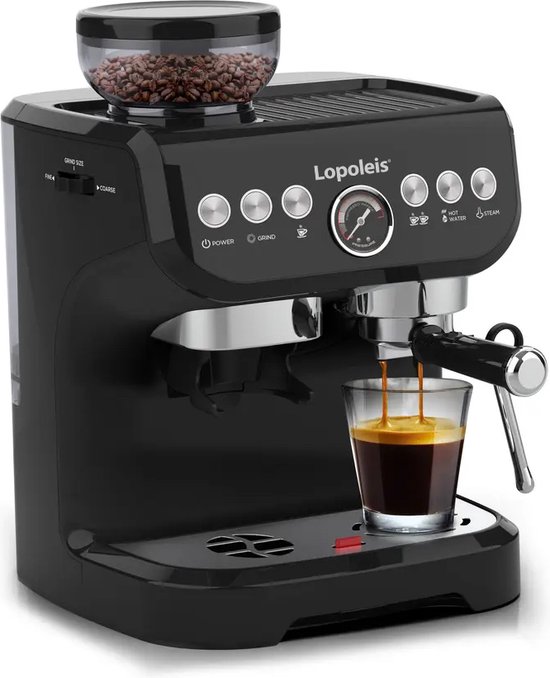 Lopoleis® Barista Espressomachine – Pistonmachine met Koffiemolen – Koffiemachine melkopschuimer – Koffiezetapparaat met bonen – Bonenmaler – Zwart