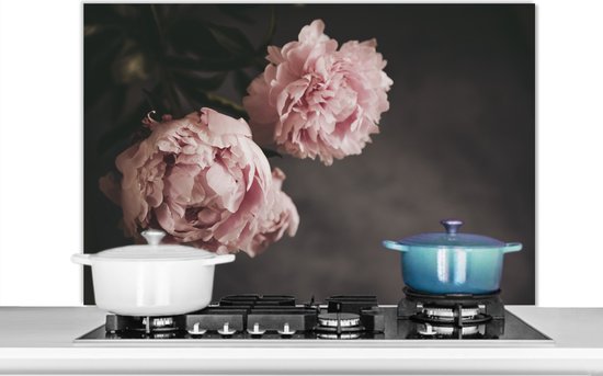Spatscherm Keuken - Kookplaat Achterwand - Spatwand Fornuis - 100x65 cm - Uitgebloeide roze pioenrozen - Aluminium - Wanddecoratie - Muurbeschermer - Hittebestendig