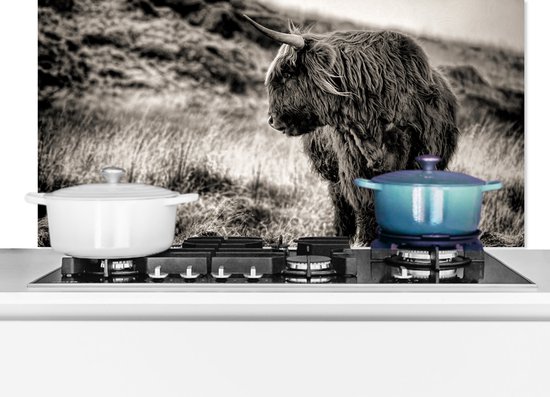 Spatscherm Keuken - Kookplaat Achterwand - Spatwand Fornuis - 90x45 cm - Schotse hooglander - Koeien - Zwart - Wit - Aluminium - Wanddecoratie - Muurbeschermer - Hittebestendig