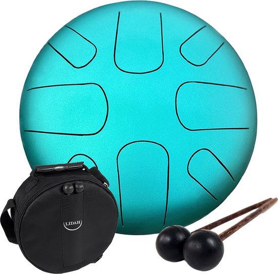 LIDAH® Steel Tongue Drum - A Mineur Constellation Series + Muziekboekje - Handpan 28 cm - voor Kinderen en Volwassenen - Lotus Yoga Klankschaal - Aqua Green