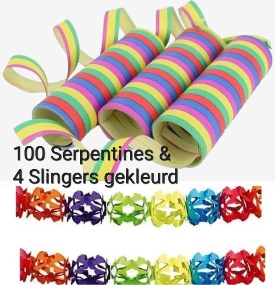 100 Serpentines Gekleurd & 2 Slingers , Carnaval, Verjaardag, Themafeest.