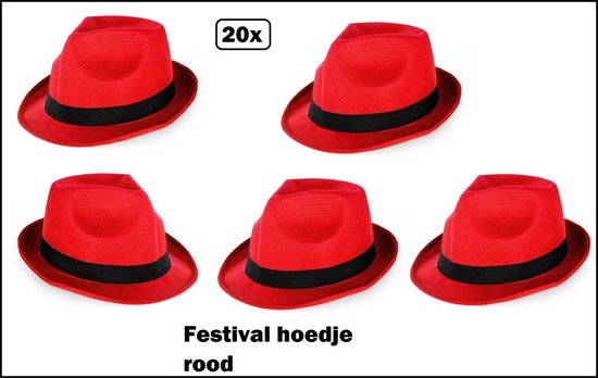 20x Festival hoed rood met zwarte band - Hoofddeksel hoed festival thema feest feest party