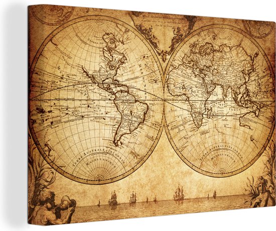 Canvas Wereldkaart - 180x120 - Wanddecoratie Wereldkaart - Antiek - Vintage - Kindje - Jongetje - Meisje