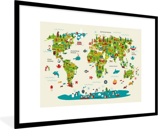 Wereldkaart Kinderen - Groen - Dieren - Schoolplaat - Kinderkamer - 90x60 cm
