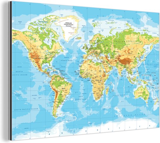 Wanddecoratie Metaal - Aluminium Schilderij Industrieel - Wereldkaart - Staatkundig - Blauw - Aarde - Educatief - 150x100 cm - Dibond - Foto op aluminium - Industriële muurdecoratie - Voor de woonkamer/slaapkamer