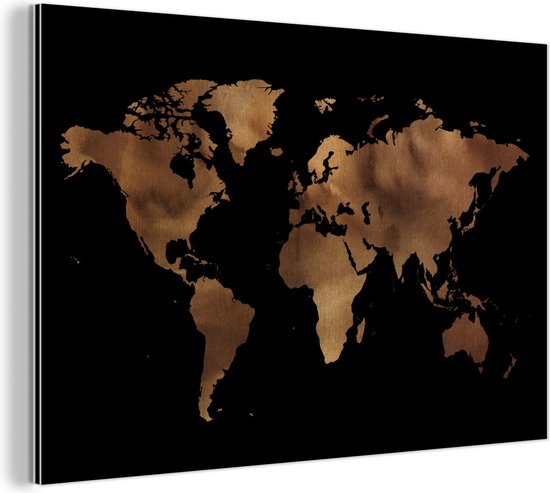 Wanddecoratie Metaal - Aluminium Schilderij Industrieel - Wereldkaart - Zwart - Brons - 120x80 cm - Dibond - Foto op aluminium - Industriële muurdecoratie - Voor de woonkamer/slaapkamer
